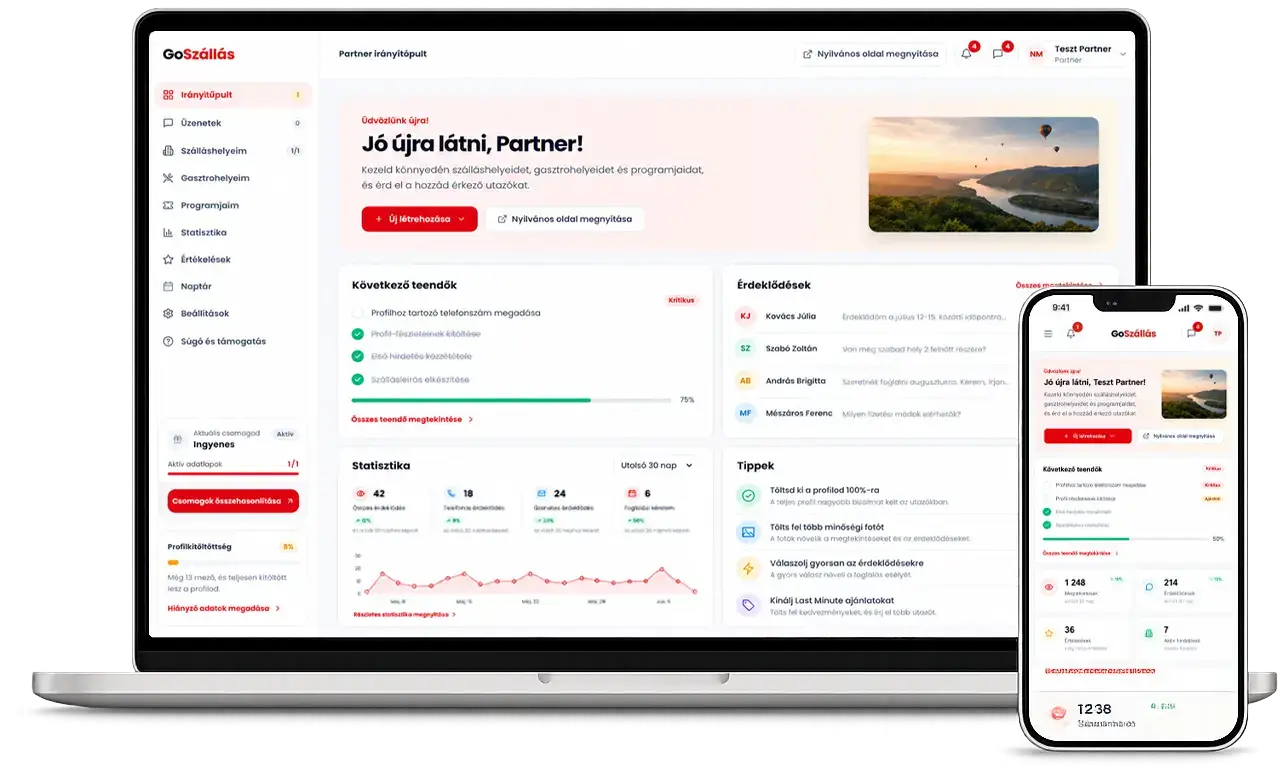 A GoSzállás partner irányítópultja laptopon és mobilon