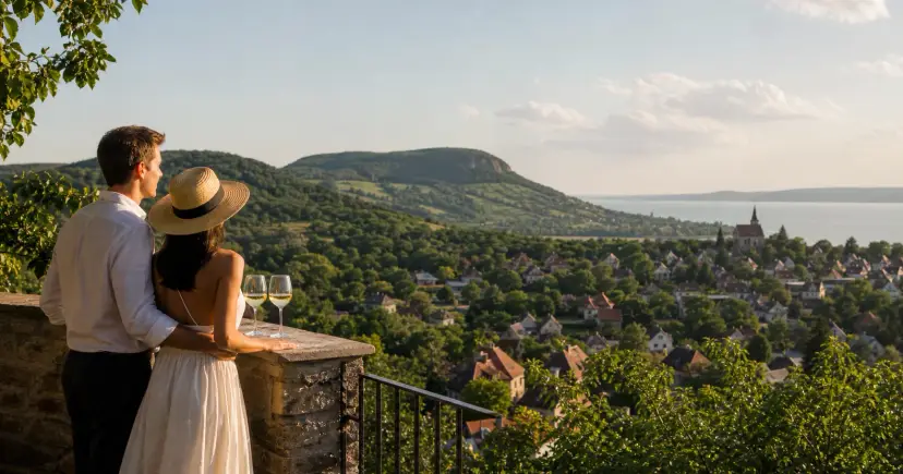 Utazók a Balaton-felvidék panorámájában